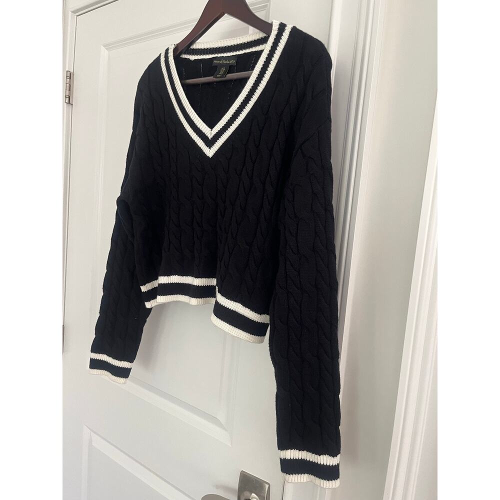 House of Harlow 1960 v-neck crop cable sweater black white Sz. M - Picture 2 of 6